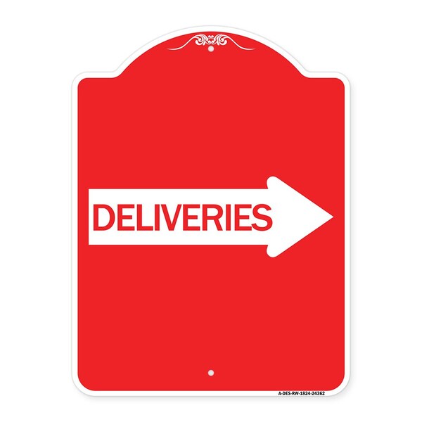 Signmission Designer Series Deliveries W/ Right Arrow, Red & White Aluminum Sign, 18" x 24", RW-1824-24362 A-DES-RW-1824-24362 - main